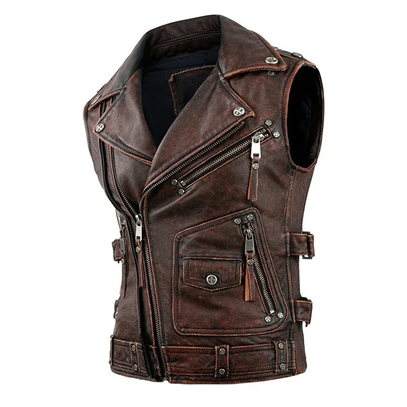 

Vintage Brown Motorcycle Vests Men Natural Cowhide Genuine Leather Jacket Sleeveless Men's Riding Vest Motor Biker Jackets