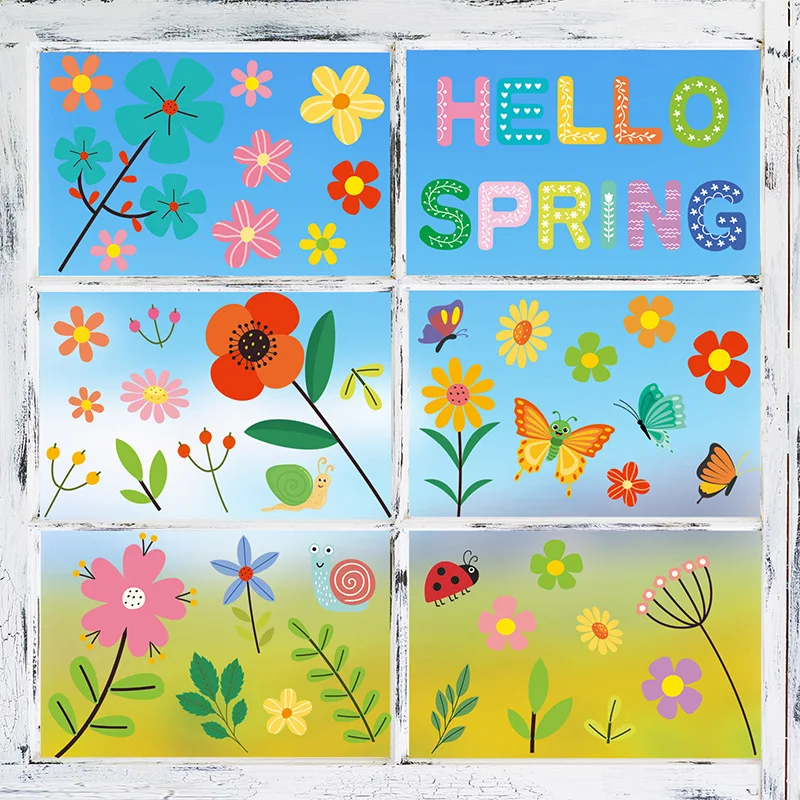 Spring Window Clings Tulip Flower Butterfly Hummingbird Double-Sided Removable Static Spring Window Stickers Decals 9 Sheets