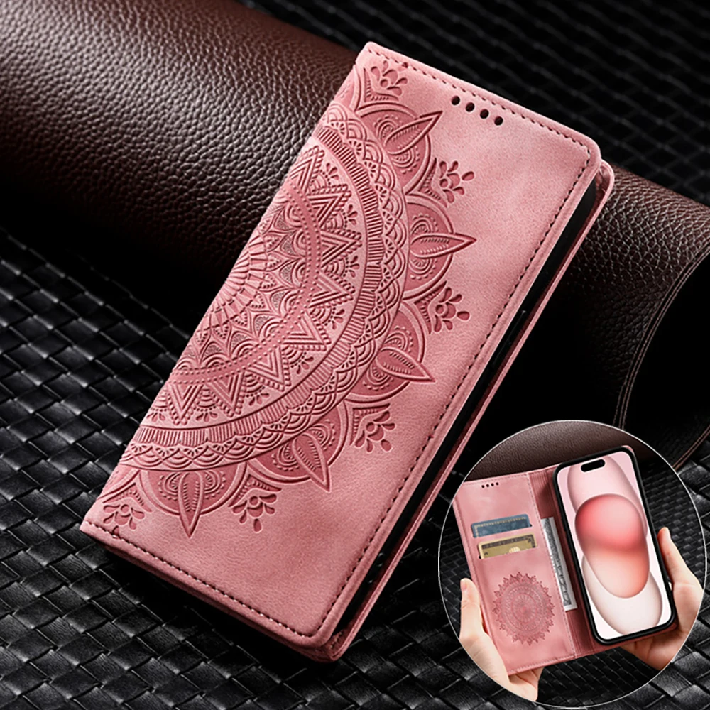 Embossed Leather Wallet Case with Magnetic Closure