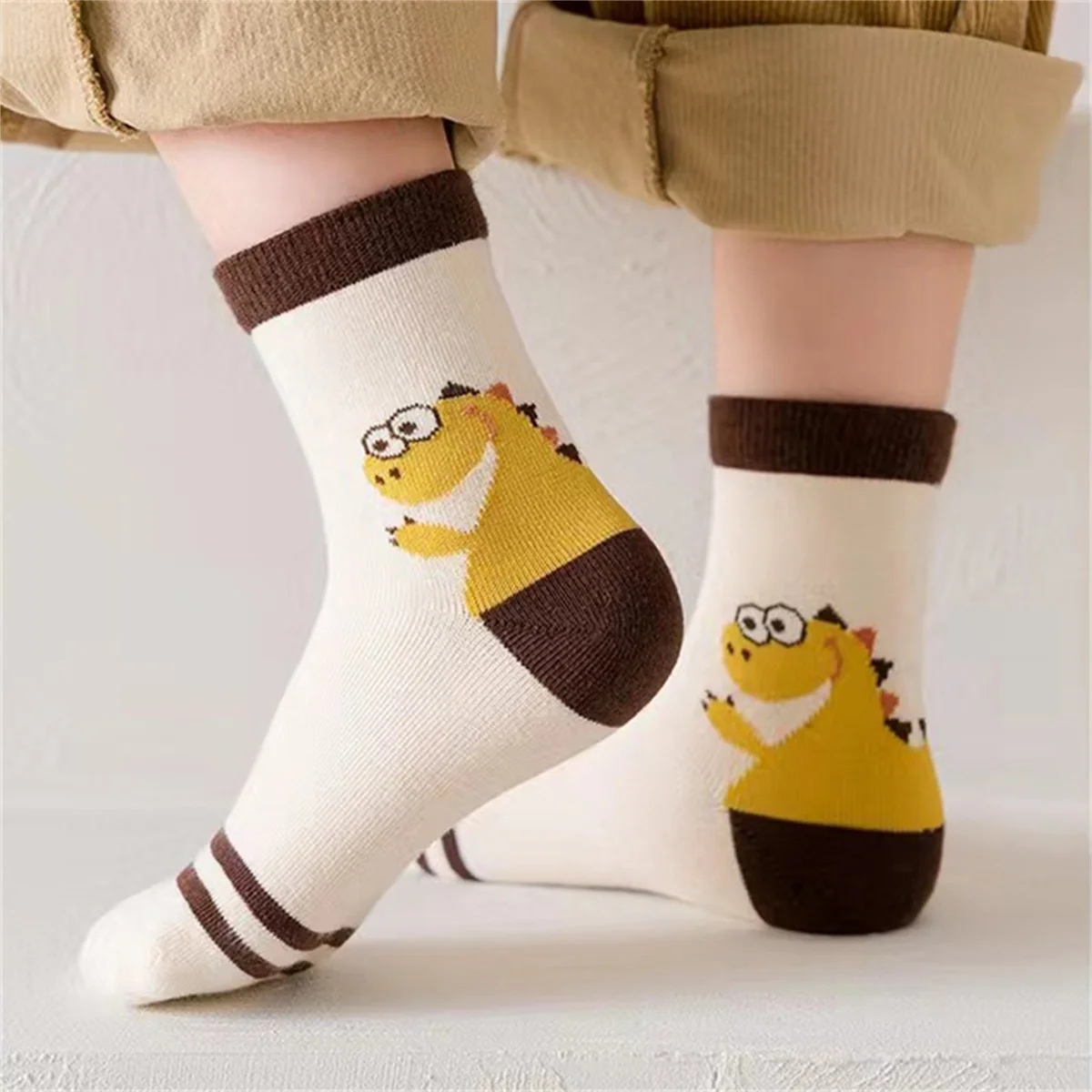 Kids Socks 5-Piece Set Autumn And Winter Cartoon Toddler Dinosaur Print Comfortable Stockings Casual Daily Socks All Seasons