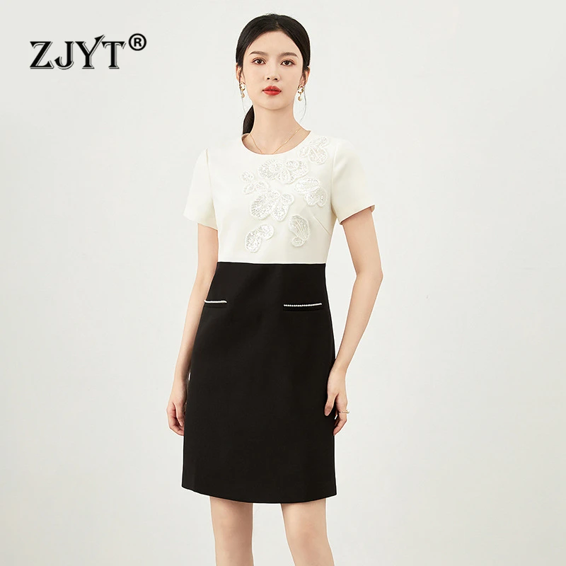 

ZJYT Runway 2024 Fashion Summer Dresses Women Designer Sequined Beading Hit Color Brief Dress Knee Length Party Office Vestidos