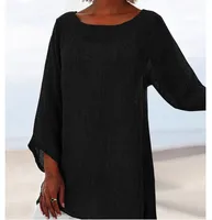 Hot Blouse Women Solid Color Cotton Linen O-Neck Long Sleeve Irregular Tunic Top Spring Summer Oversized Shirts - Image 2