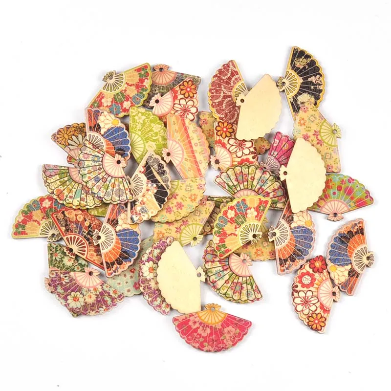 20Pcs 29x48mm Painted Fan Wooden Pendant DIY Crafts Supplies Hanging Ornaments Retro Wood Slices Home Decor C3427