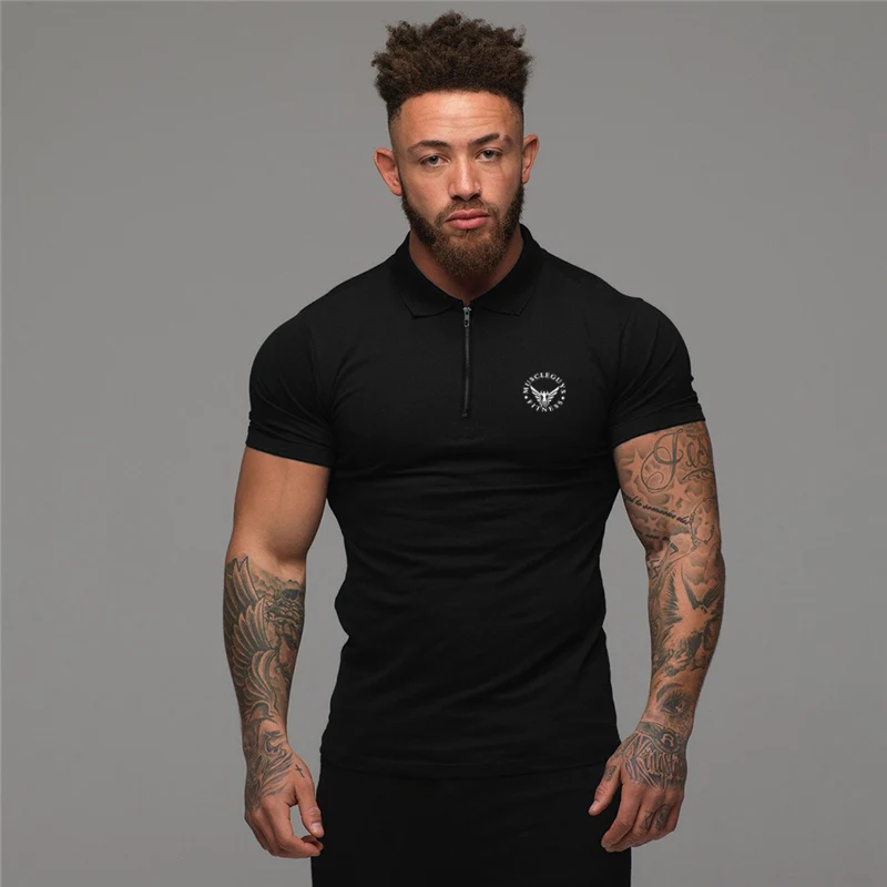 

Gym Training Fitness Running Short Sleeve Sport Polo Shirts Men Fashion Print Zip Collar Cotton Shirt Summer Breathable Slim Top