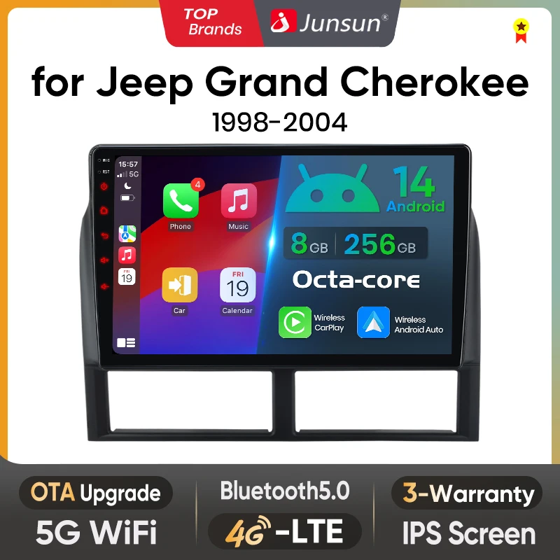 Junsun AI inalámbrico CarPlay para Apple Android14 Auto Radio de coche para Jeep Grand Cherokee II WJ 1998-2004 Multimedia Navi estéreo 1