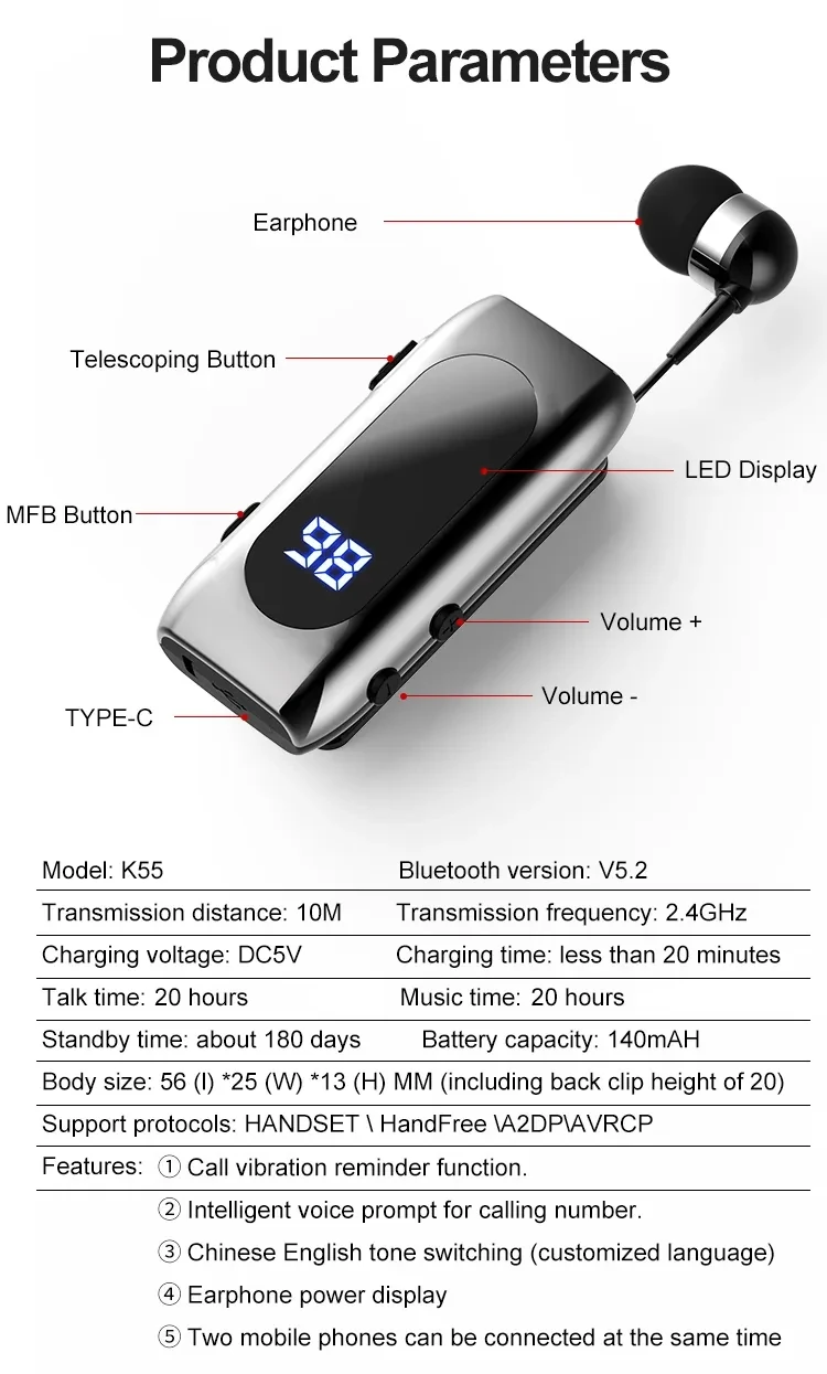 K55 Lavalier 비즈니스 블루투스 이어폰 LED 디지털 디스플레이 이동식 와이어가 있는 Lotus 핸즈프리 헤드셋의 무선 참조