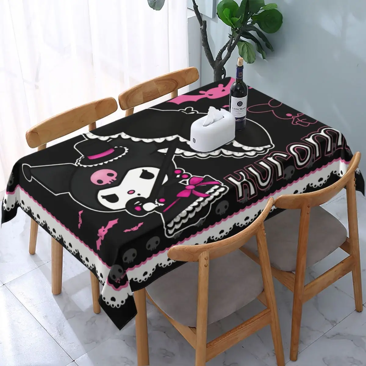 

Прямоугольная маслонепроницаемая накладка на стол Kuromi Sanrio из искусственной ткани с обработанными краями для пикника