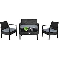 4PCS Patio Rattan Furniture Set, Outdoor Wicker Conversation Set with Tempered Glass Coffee Table, Seat Cushions 1
