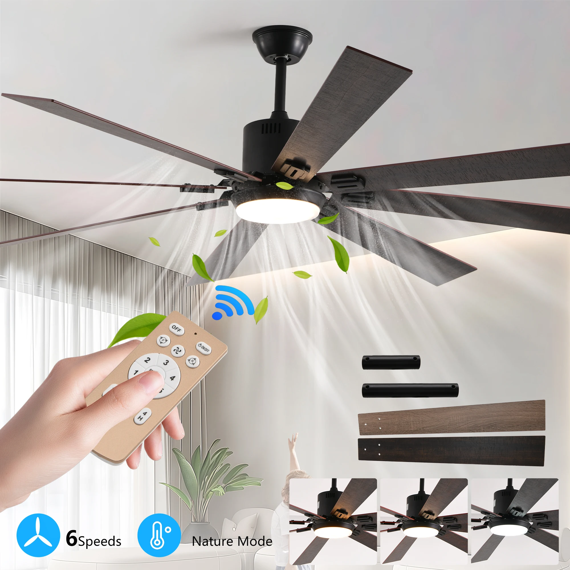 ARLGSITE 72 Inch Walnut LED Ceiling Fan Light with 8 Wooden Blades Remote Control Adjustable Color Temperature for Living Room