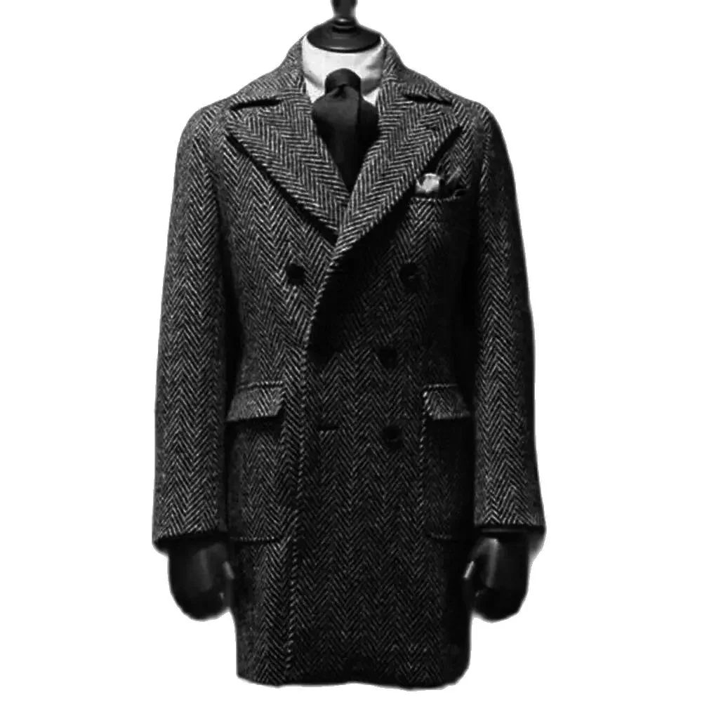 Men's Suit Long Jacket Dark Grey Herringbone Double Breasted Wedding Casual Slim Fit Man Suit Blazer Luxury Man Set Coat Men men suits jackets