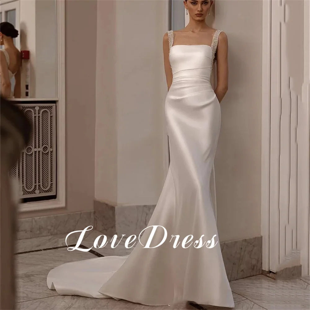 Customized Love Elegant Spaghetti Straps Sequin Bead Mermaid Stain Wedding Dress Gorgeous Backless Floor Length Bride GownS Robe 4