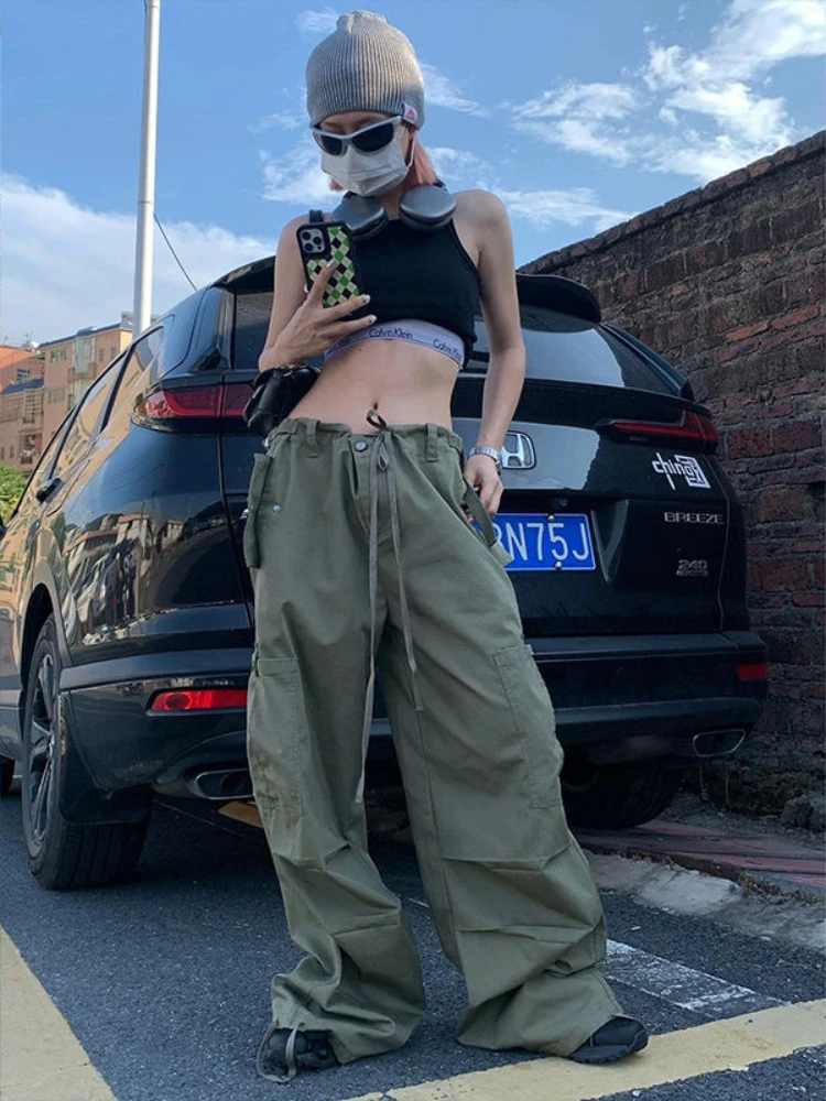 ADAgirl Green Women Cargo Pants Parachute Oversize Straight Leg Trousers Low Waist Sweatpants Casual Drawstring Side Pocket Alt