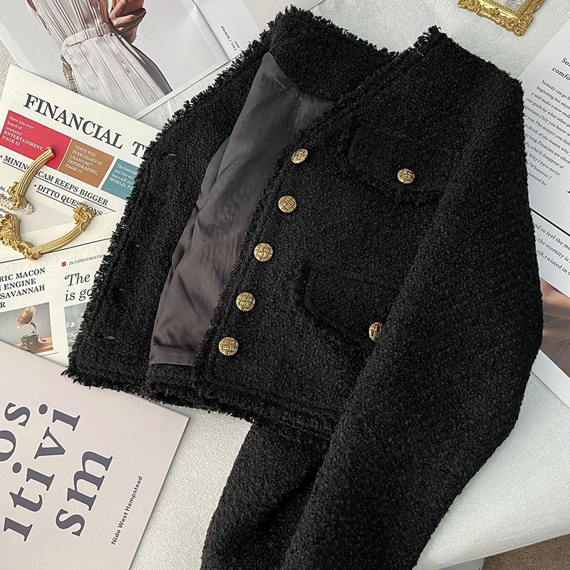 Rimocy 2024 Tweed Cropped Jackets for Women Elegant Short Single-Breasted Coats Woman Korean Chic Black V Neck Jacket Female