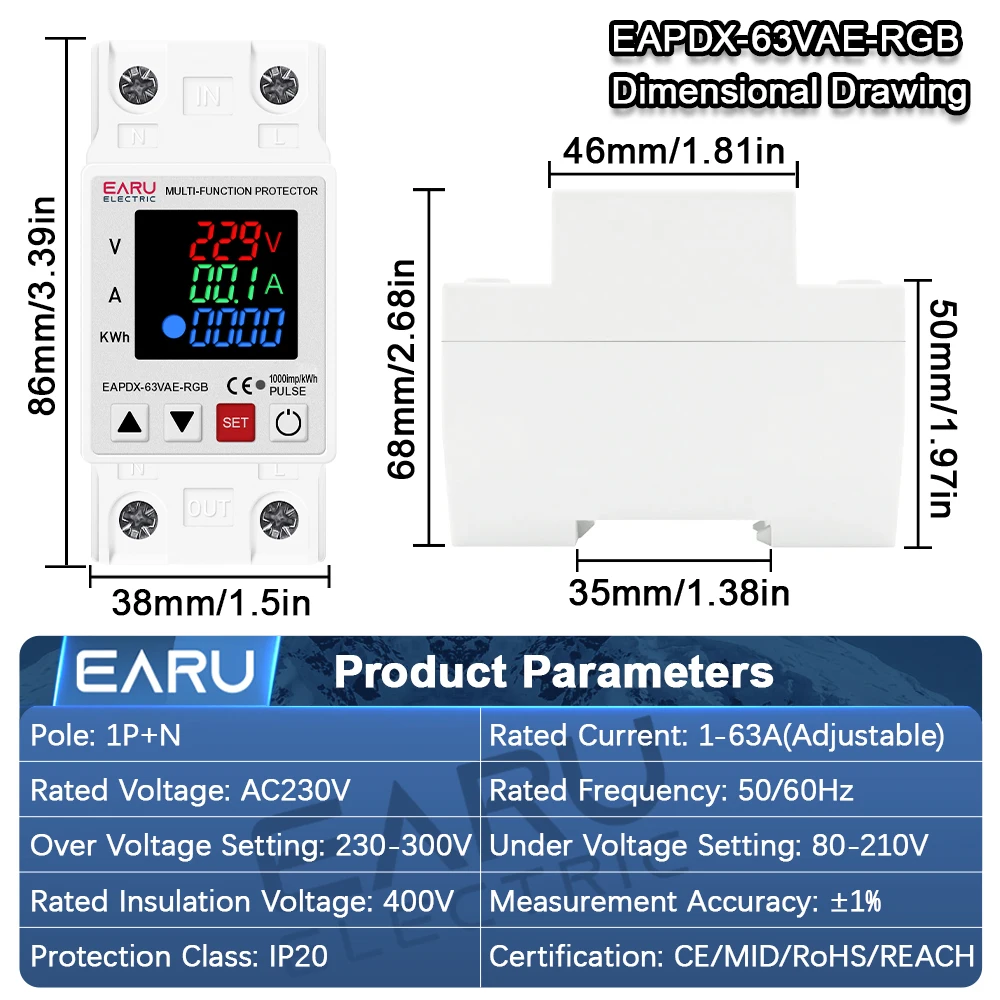EARU 40A 63A Adjustable Over Under Current Voltage Protector Relay Switch Power kWh Energy Meter Voltmeter Automatic Reclosing