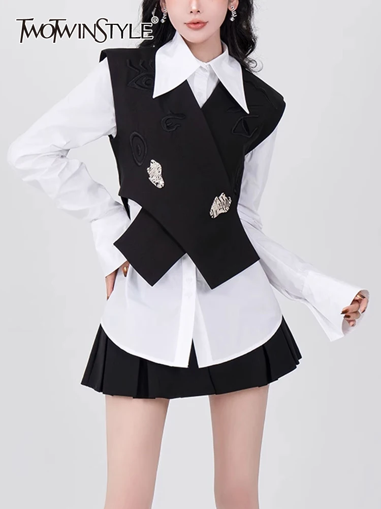 

TWOTWINSTYLE Slimming Two Piece Set For Women Lapel Long Sleeve Patchwork Button Shirt V Neck Sleeveless Vest Chic Sets Female