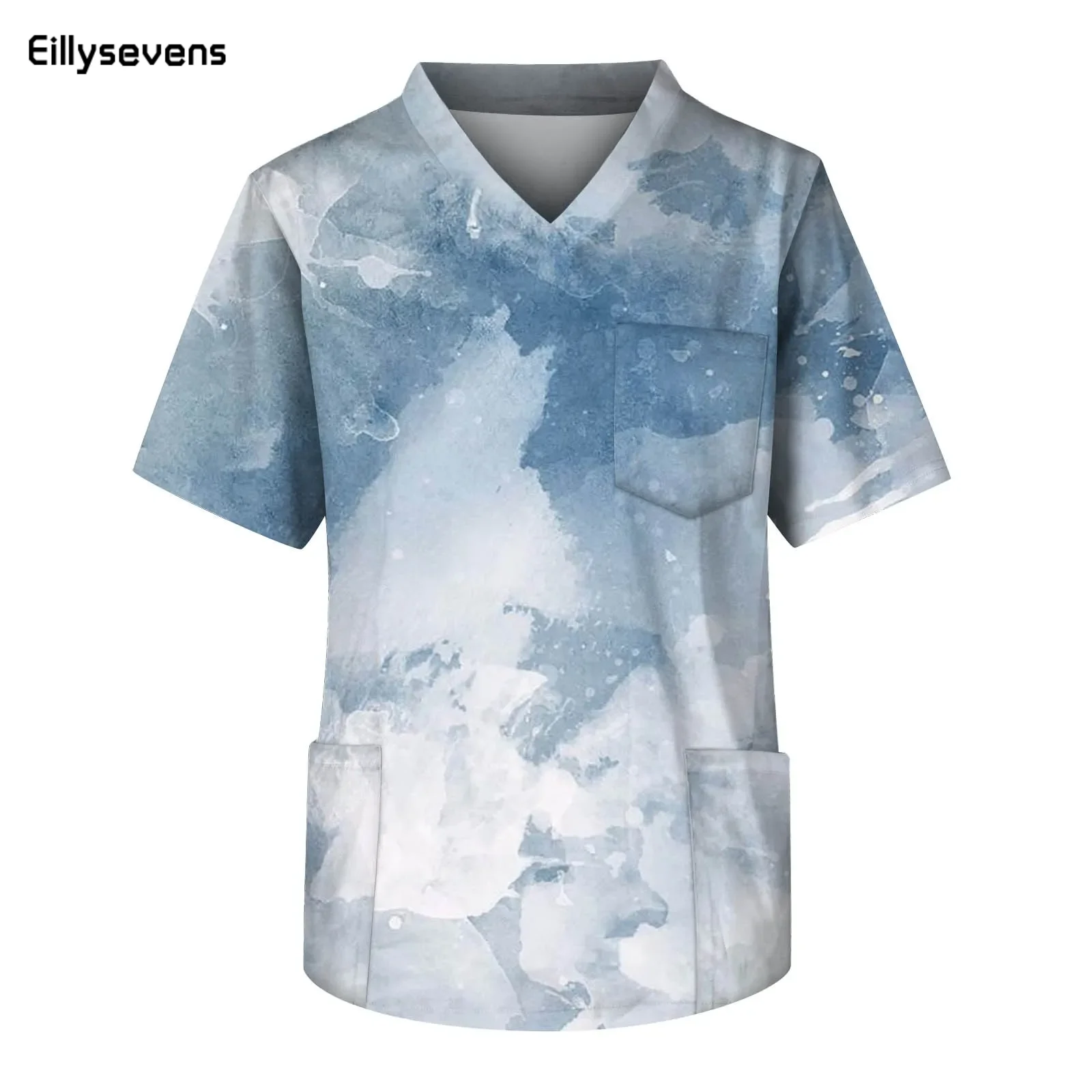 

Men'S Fashion Printed Short Sleeve V-Neck Tops Working Pocket Blouse Male Scrub Nurse Working Uniform T-Shirts Workwear Tee