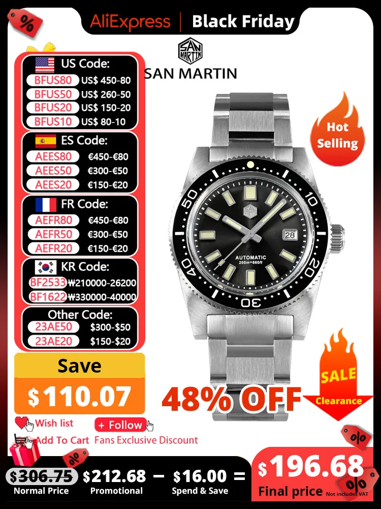 San Martin New 62mas 37mm Diver Mens Watch Classic Luxury Sapphire