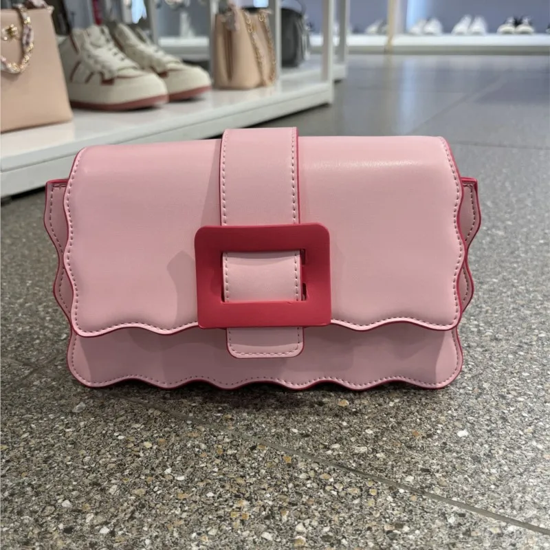 JIAERDI Sweet Lovely Pink Handbag Women Wavy Edge Square Lock Shoulder Bags Ladies Leather Mini Niche Design Crossbody Bag 2025
