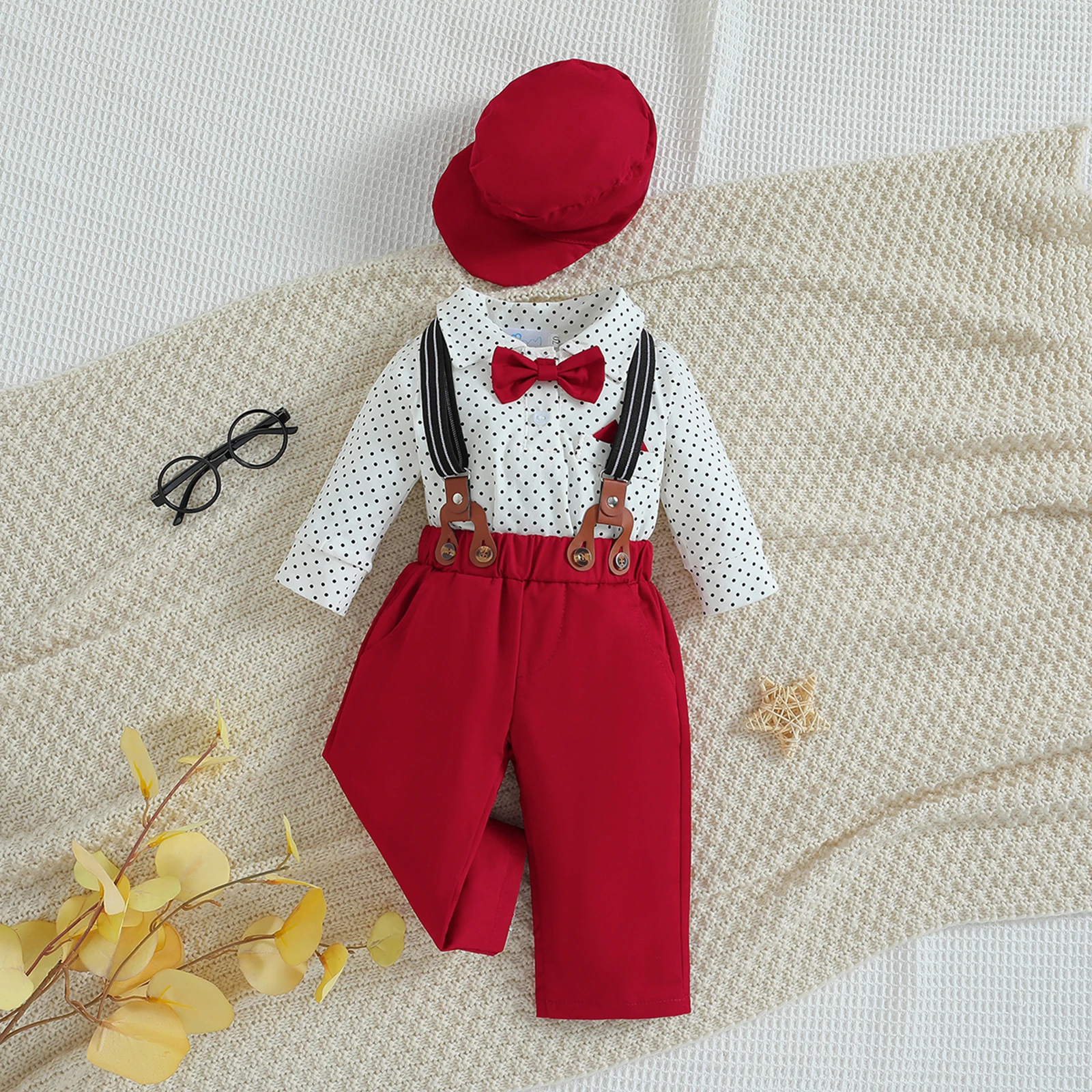 FOCUSNORM 0-18M Autumn Baby Boys Gentleman Clothes Sets 3pcs Long Sleeve Polka Dots Print Shirt + Suspender Pants + HaT