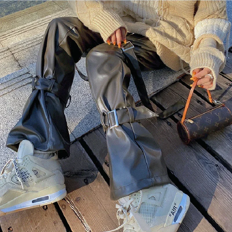 Overalls Women's Black Faux Leather Pants Fashion New Products Women's High-elastic PU Bandage Straight Leg Pants Streetwear