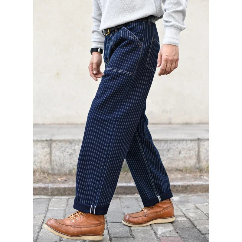 Sauce Zhan Mens Vintage Indigo Wabash Jeans Striped Selvedge Workwear Jeans - Men's American Classic Relax Fit Straight Leg 2