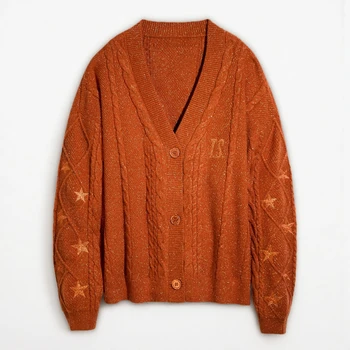 Autumn Red Maple Leaf Embroidered Leaves Knitted Cardigan Women Winter V-neck Single Breasted Show Y2k Style Cardigans Girls
