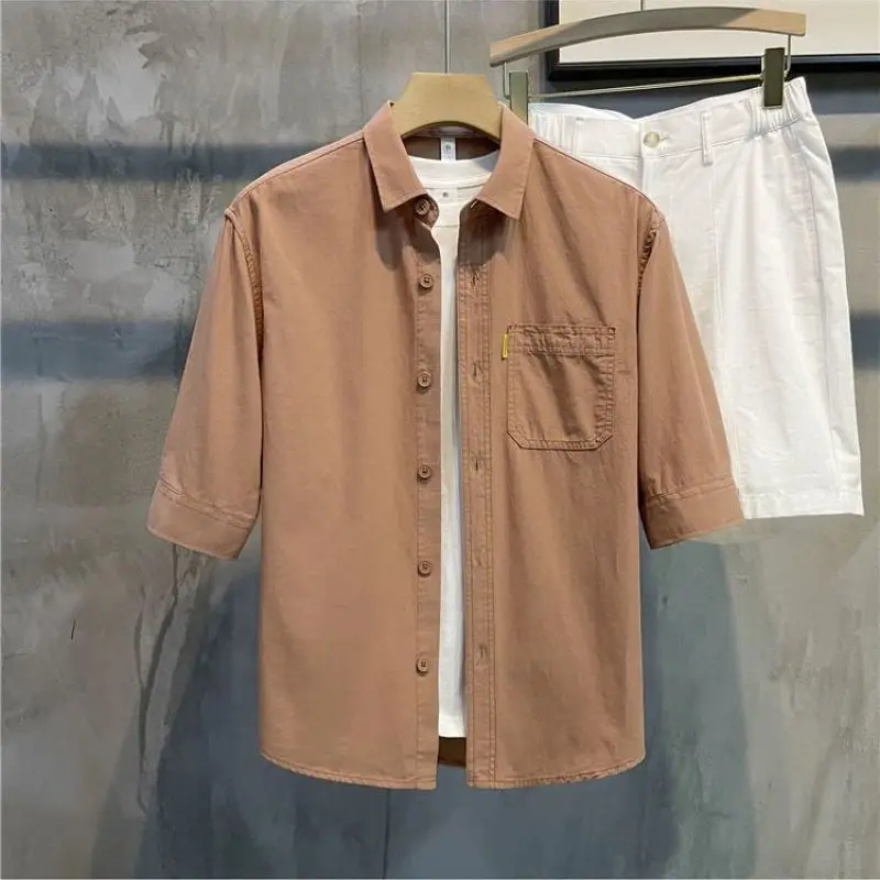 2024 New Summer Simplified Korean Edition Casual Loose Versatile Handsome Polo Collar Solid Color Mid Sleeved Shirt for Men 4