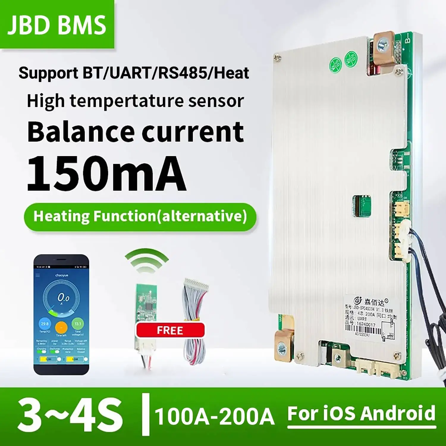 

JBD Smart BMS 3S 4S 12V Li-ion Lifepo4 Bms 100A 120A 150A 200A Heating UART RS485 Function Lithium Battery Balance Board