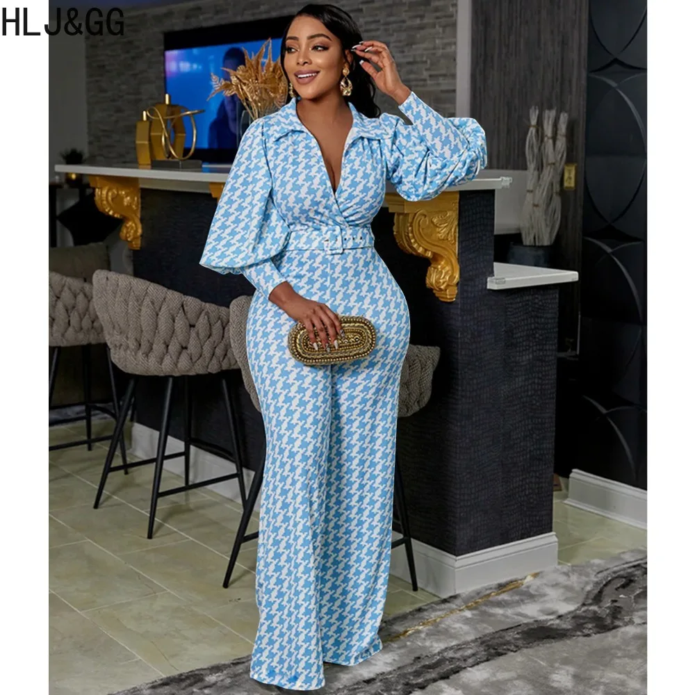 HLJ&GG Elegant Lady Print Wide Leg Pants Two Piece Sets Women Deep V Long Sleeve Top And Pants Outfits Casual OL 2pcs Clothing