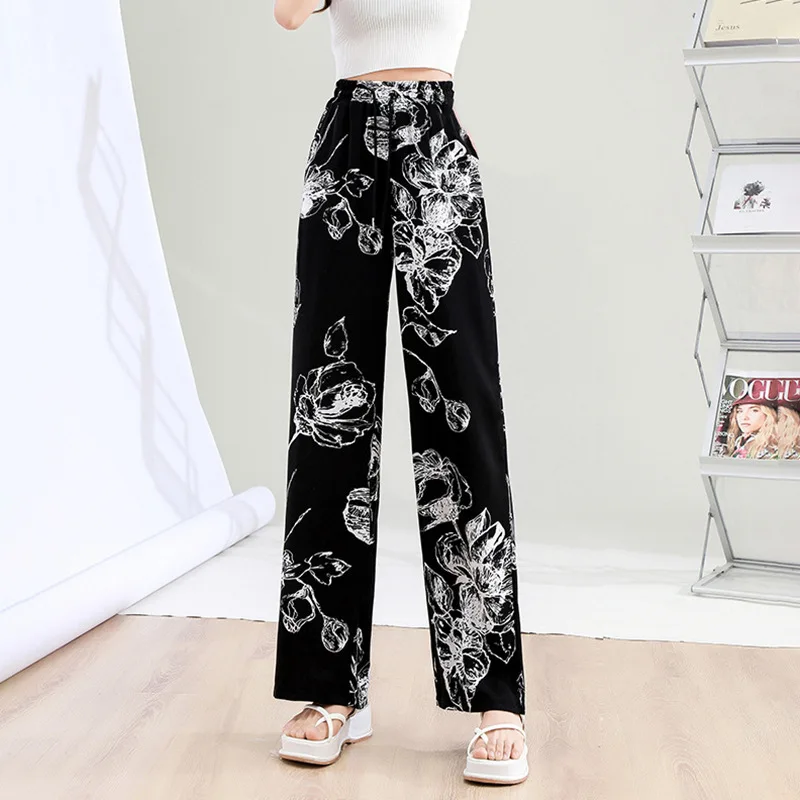 Summer Women Ink Tie Dye Baggy Wide Leg Ice Silk Pants 2023 Vintage Clothes Women\'s Casual Trousers Female Plus Size Pants
