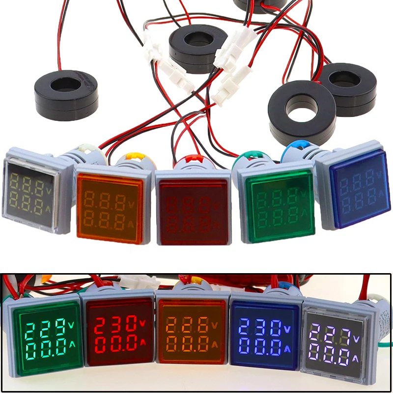 Voltmetro Digitale A Led Quadrato Amperometro Luci Di Segnalazione Volt Tensione Corrente Combo Meter Indicatore Tester Misurazione Ac 60-500V 1-100A