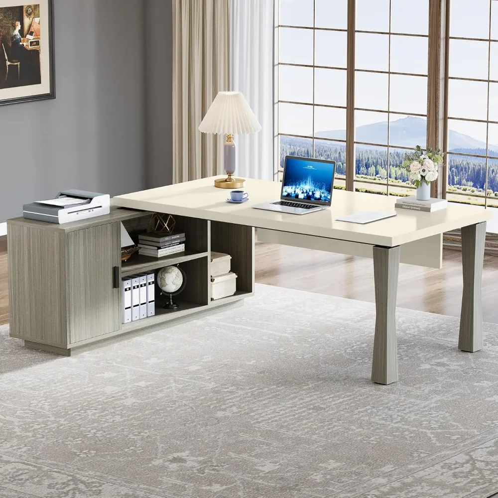 71-Inch Executive Desk, L-Shaped Desk with Cabinet, Large Office Desk with Storage Shelves, Writing Table Desk Business Furnitu 3