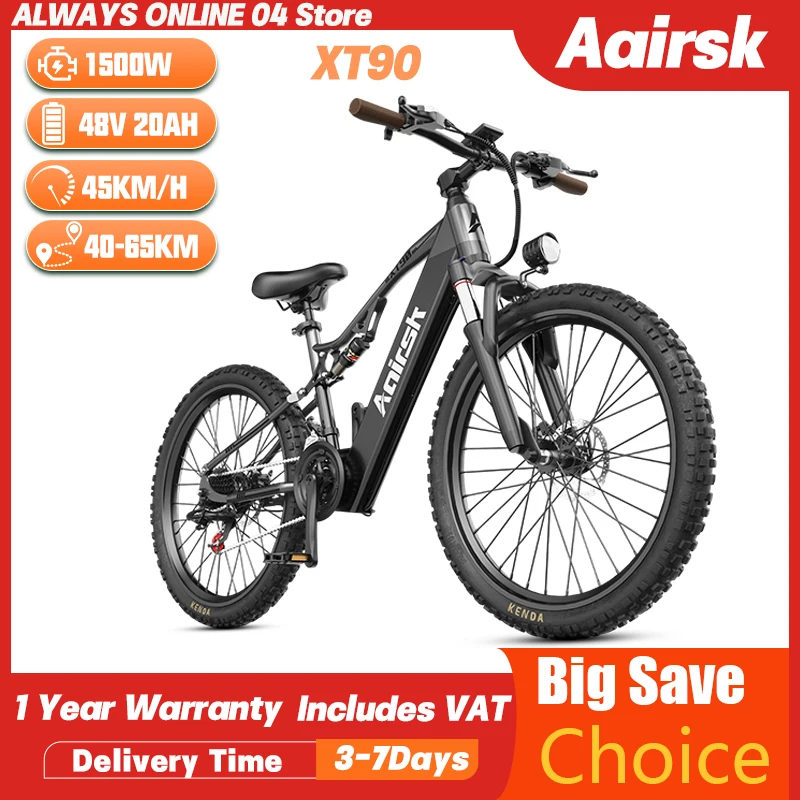 Bicicletta elettrica fuoristrada da montagna per adulti a sospensione completa Urban Ebike Aairsk XT90 1500W 48V 20Ah Bici elettrica per pneumatici da 26 * 2,6 pollici