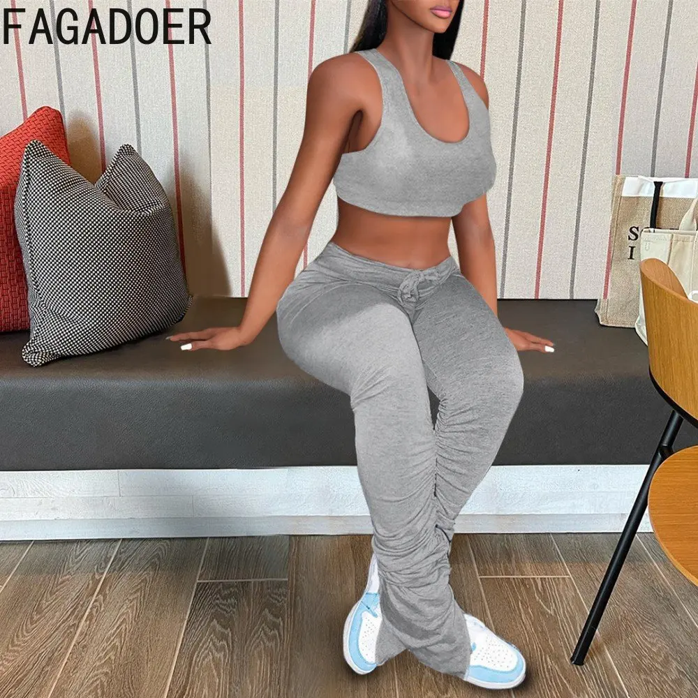 FAGADOER Casual Sport Solid Color Two Piece Set Women Sleeveless Vest Tops+Stacking Pants Tracksuits Female Streetwear Outfits luckymarche sleeveless sport knit top for women qwwax22417nyx