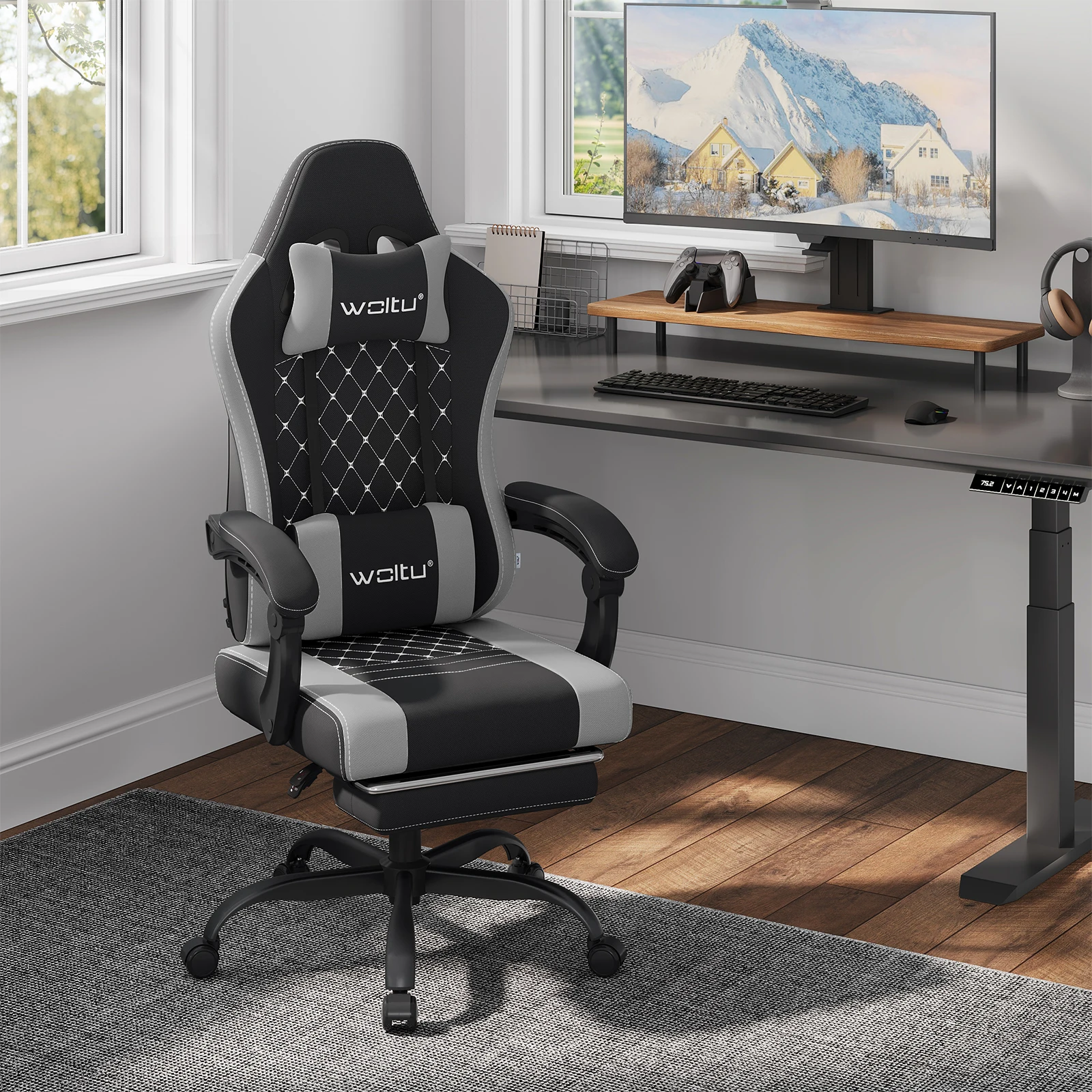 WOLTU Gaming-Stuhl, ergonomisch, drehbar, für Computer, Gamer, Massage, Bürostuhl mit Kissen, Fußstütze, verstellbare Kopfstütze, Lordosenstütze – Detail 21