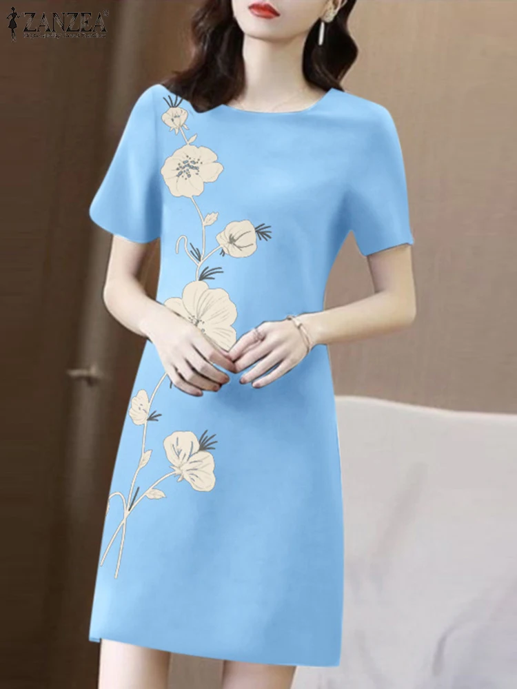

ZANZEA Vintage Floral Print Sundress Women Summer Dress Holiday O-neck Short Sleeve Robe Casual Loose Korean 2024 Waist Dresses