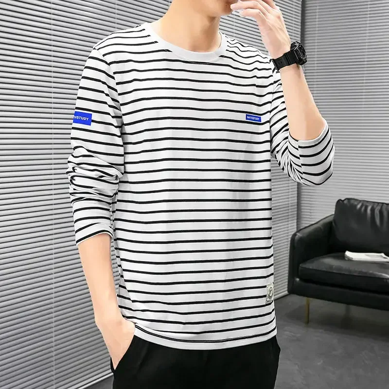 thumbnail image 1 of Camiseta para hombre a rayas ropa de hombre top ajustado cuello redondo rojo ajustado manga larga harajuku moda normal coreano otoño, 1 of 5