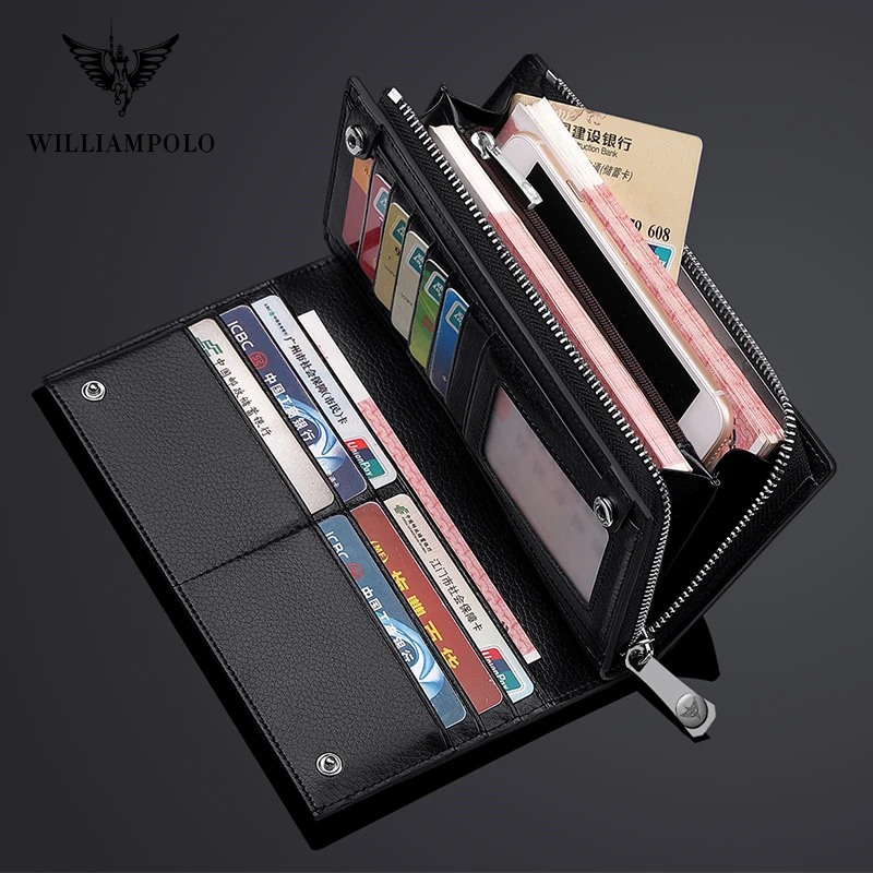 WILLIAMPOLO Men's Wallet Long Style 100% Cow Leather Fashion Business High Quality Clutch Wallet Card Holder Coin Zipper Purse 2