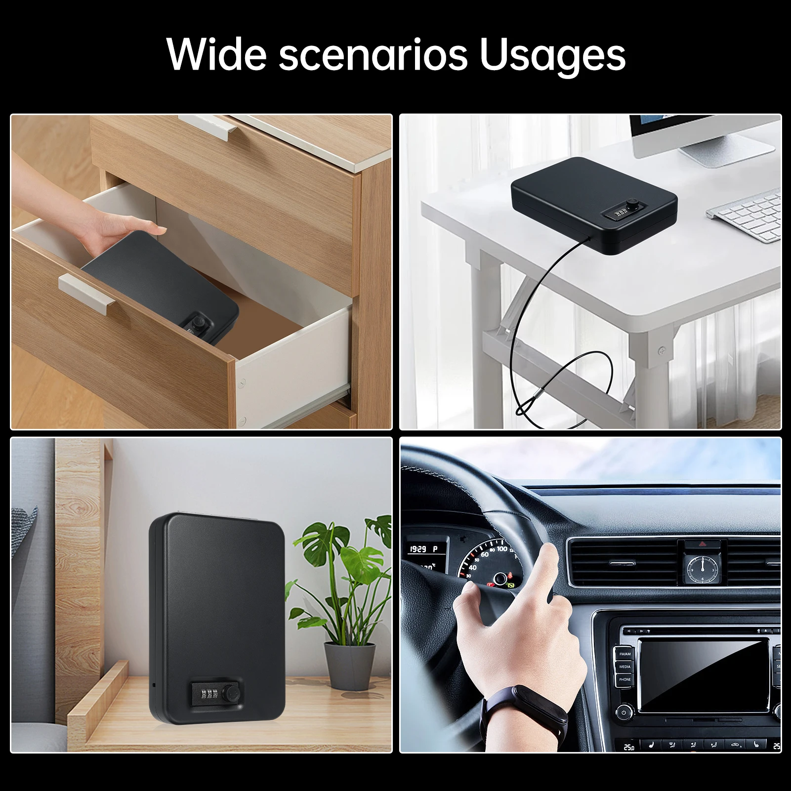 Small Safe Box Portable Travel Lock Storage Cabinet 3-digit Password Case with Security 3Ft Steel Cable  for Passport Jelwery