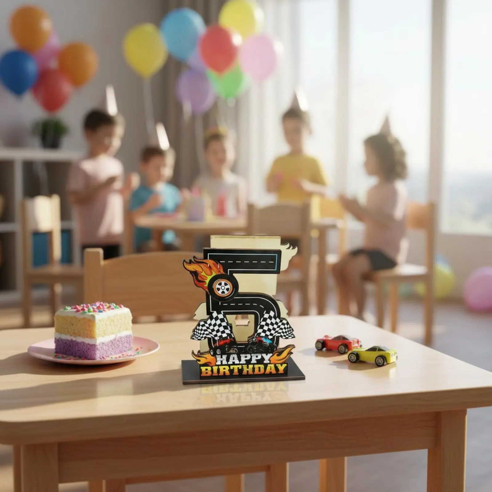 스피드 카 생일 냅킨 홀더 창의적인 디자인 나무 레이싱 테마 냅킨 스탠드 어린이를위한 생일 번호 테이블 장식