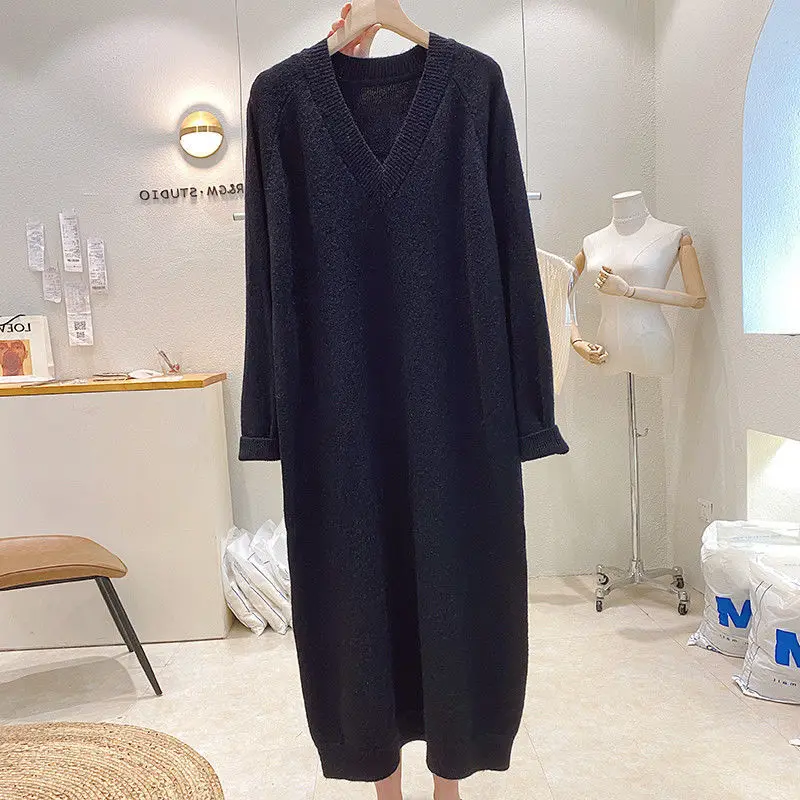 

Plus Size 6XL 150kg High Quality Spring Sweater Dress for Women Solid Color V Neck Pullover Thick Winter Long Dress Maxi Dresses