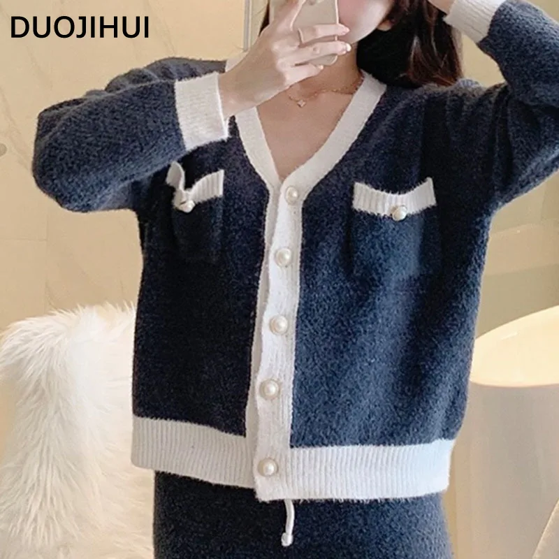 DUOJIHUI Two Piece Spell Color Casual Pajamas for Women Sexy V-neck Cardigan Basic Simple Pant Loose Fashion Female Pajamas Set