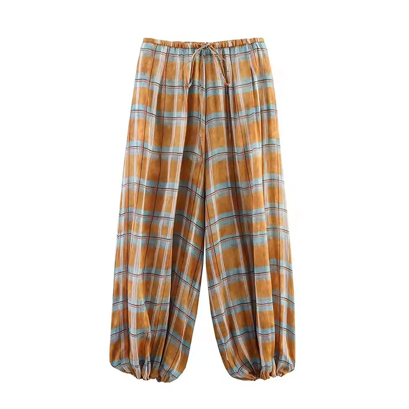Women Autumn New Ramie Bloomers Plaid Printed Loose Pants Female Fashion Versatile Drawstring Streetwear Casual Trousers