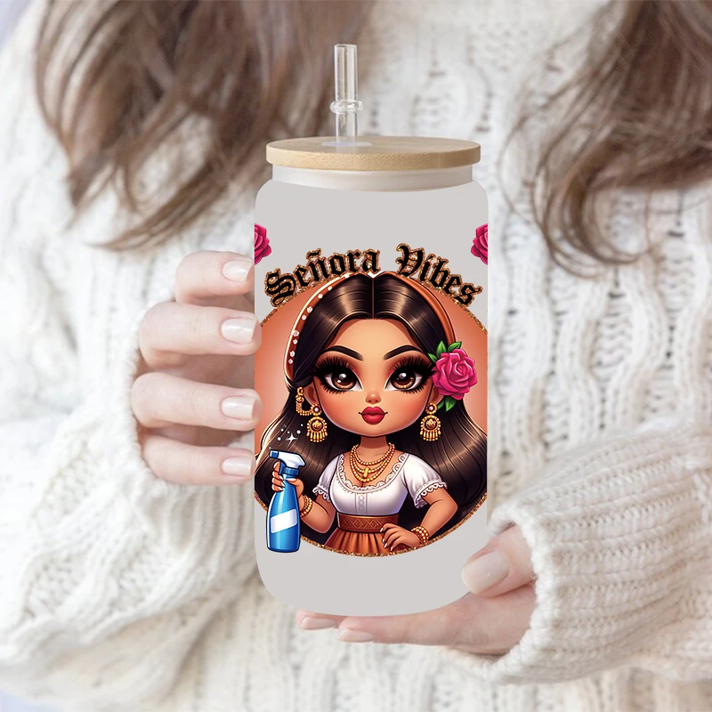 D15706 UV DTF Mama 필요, Cafecito Chicana Mom Cafecito y Chisme Latina 어머니날 인쇄, 16oz Libbey 안경 랩, 3D