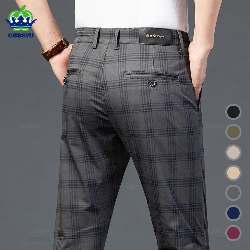 Brand Men's Stripe Plaid Casual Pants Men Four Seasons Business Trousers Men's Slim Dark gray Straight Pant men trousers