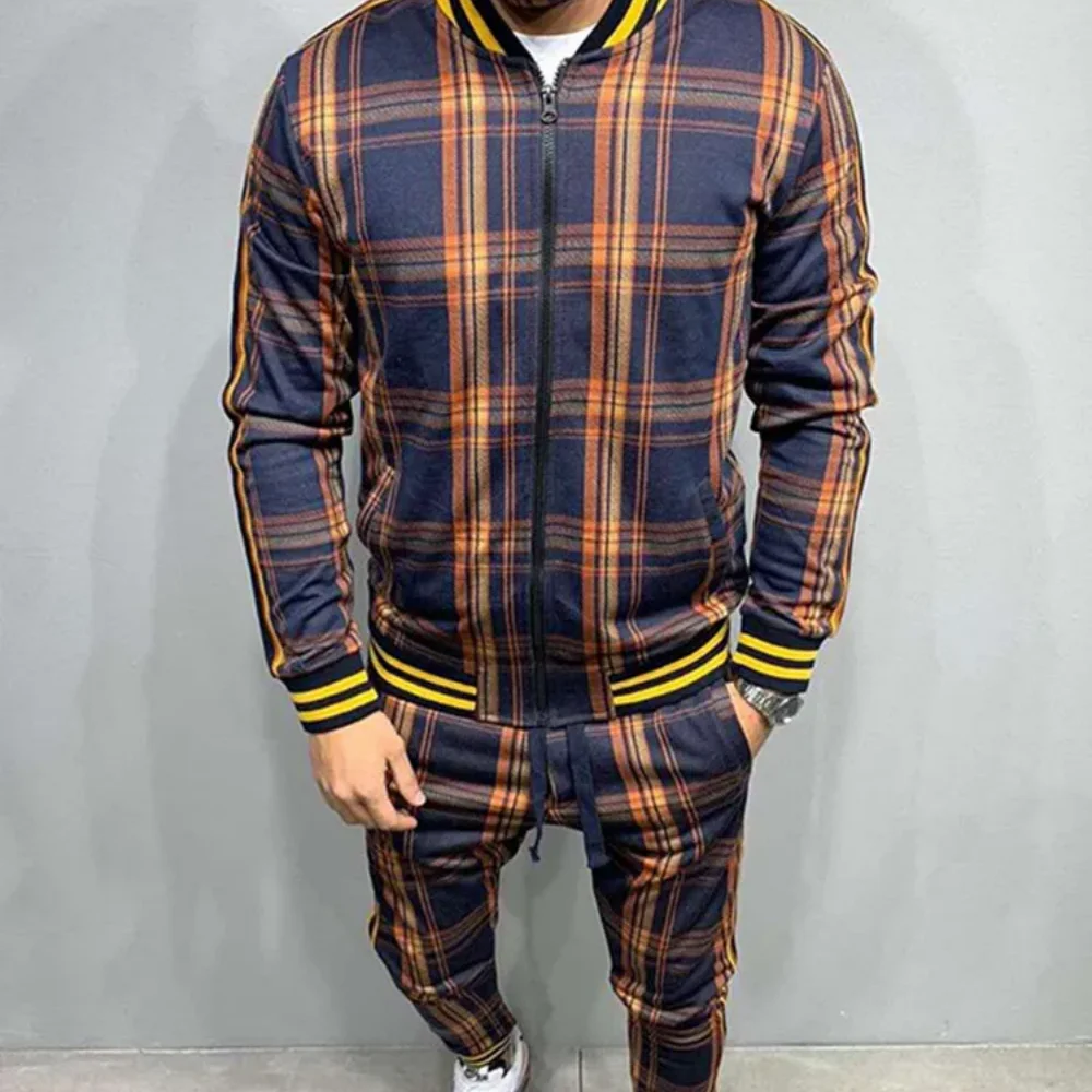 New Zipper Set Colorful Plaid Men Casual Autumn Tracksuit Set Male Sweatshirt Pocket Fashion Jackets Men Tracksuit Sets Mens set 5