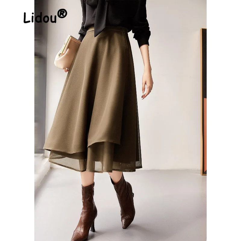 Mesh Mid Length Irregular Wrap Skirt High Waist Slim Temperament Casual Versatile Buckle Up A-line Umbrella Skirt Trend