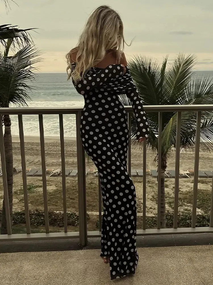 Sexy Polka Dots Print Dress Off Shoulder Patchwork Maxi Dress for