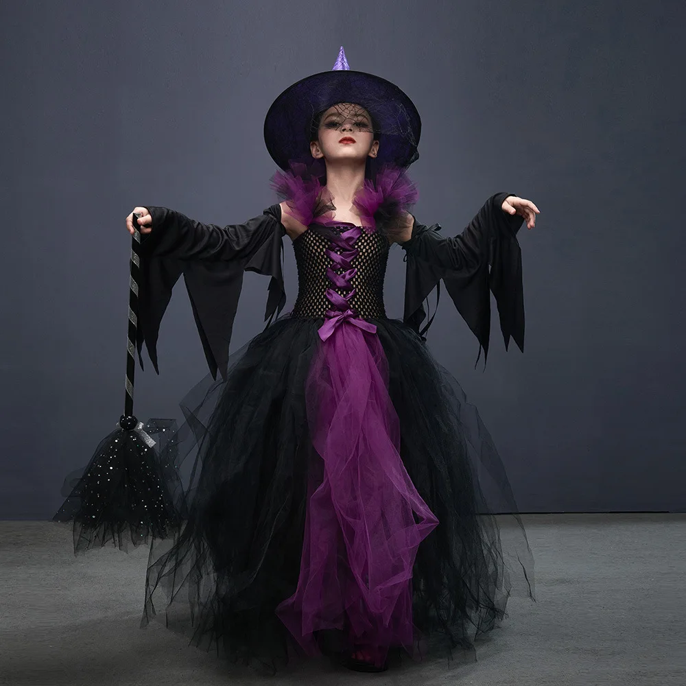 

Halloween Cosplay Witch Girls Gown Mesh Tutu Long Dress Children's Performance Stage Christmas Party Outfits Kids Sets Vestido