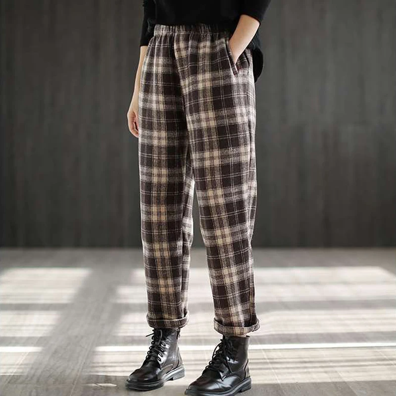 2023 Autumn Winter Women's Vintage Plaid Plush Thick Harem Pants Harajuku Casual Streetwear High Waist Trousers Loose Pantalones